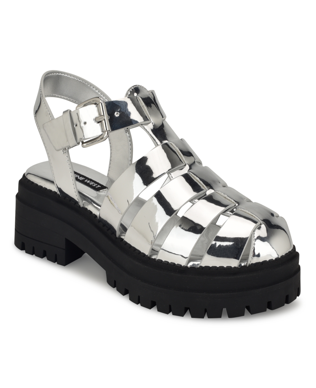 Nine West Women's Anybel Round Toe Lug Sole Casual Sandals In Silver Mirror Metallic - Manmade