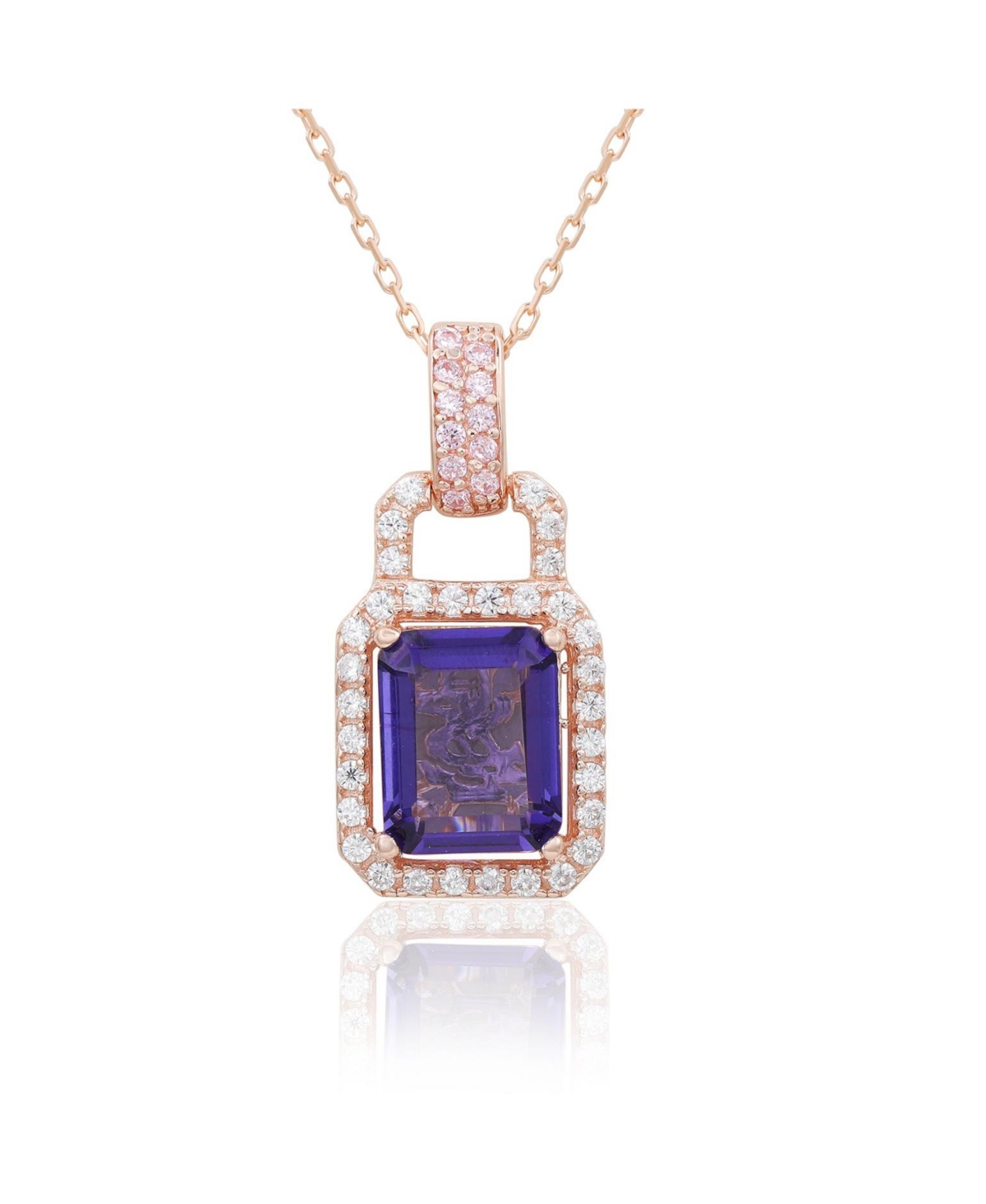 Suzy Levian Sterling Silver Cubic Zirconia Emerald Cut Halo Pendant Necklace - Blue