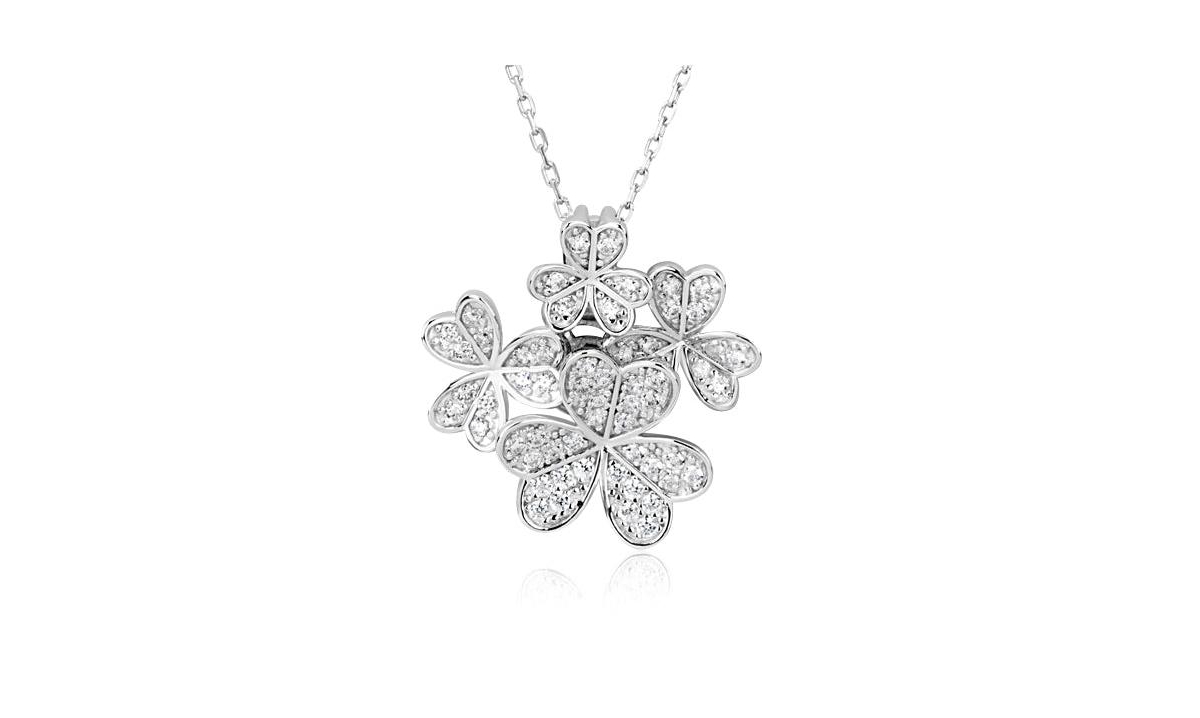 Suzy Levian Sterling Silver Cubic Zirconia Multi Flower Cluster Pendant Necklace - White