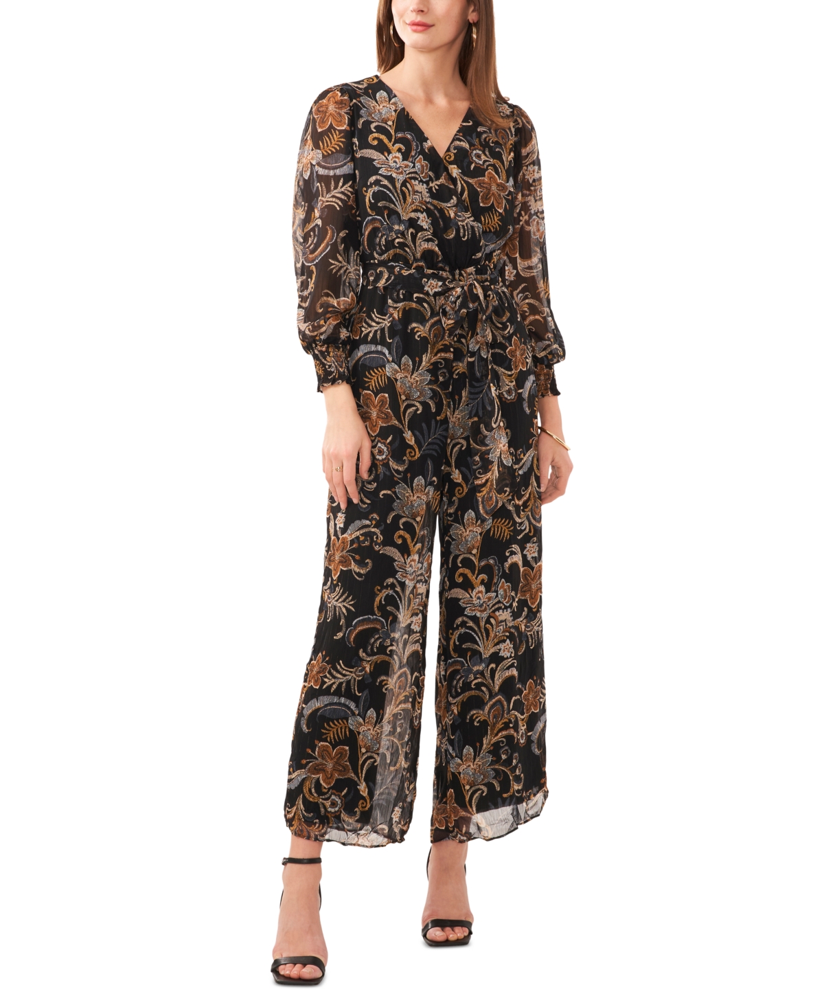 Vince Camuto Paisley Long Sleeve Chiffon Jumpsuit In Rich Black