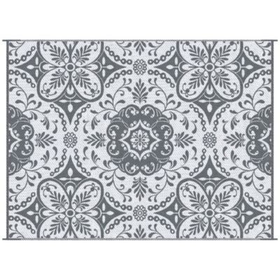 Reversible Outdoor Rug with Carry Bag 9' x 12' Gray & White Flower