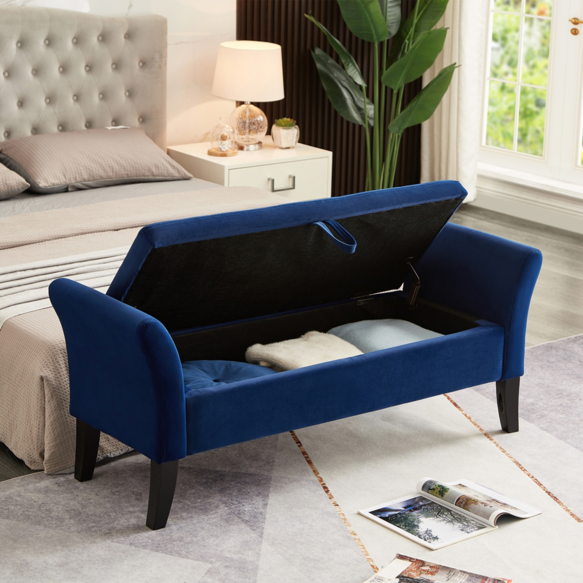 Simplie Fun 51.5" Bed Bench With Storage Navy Blue Velvet