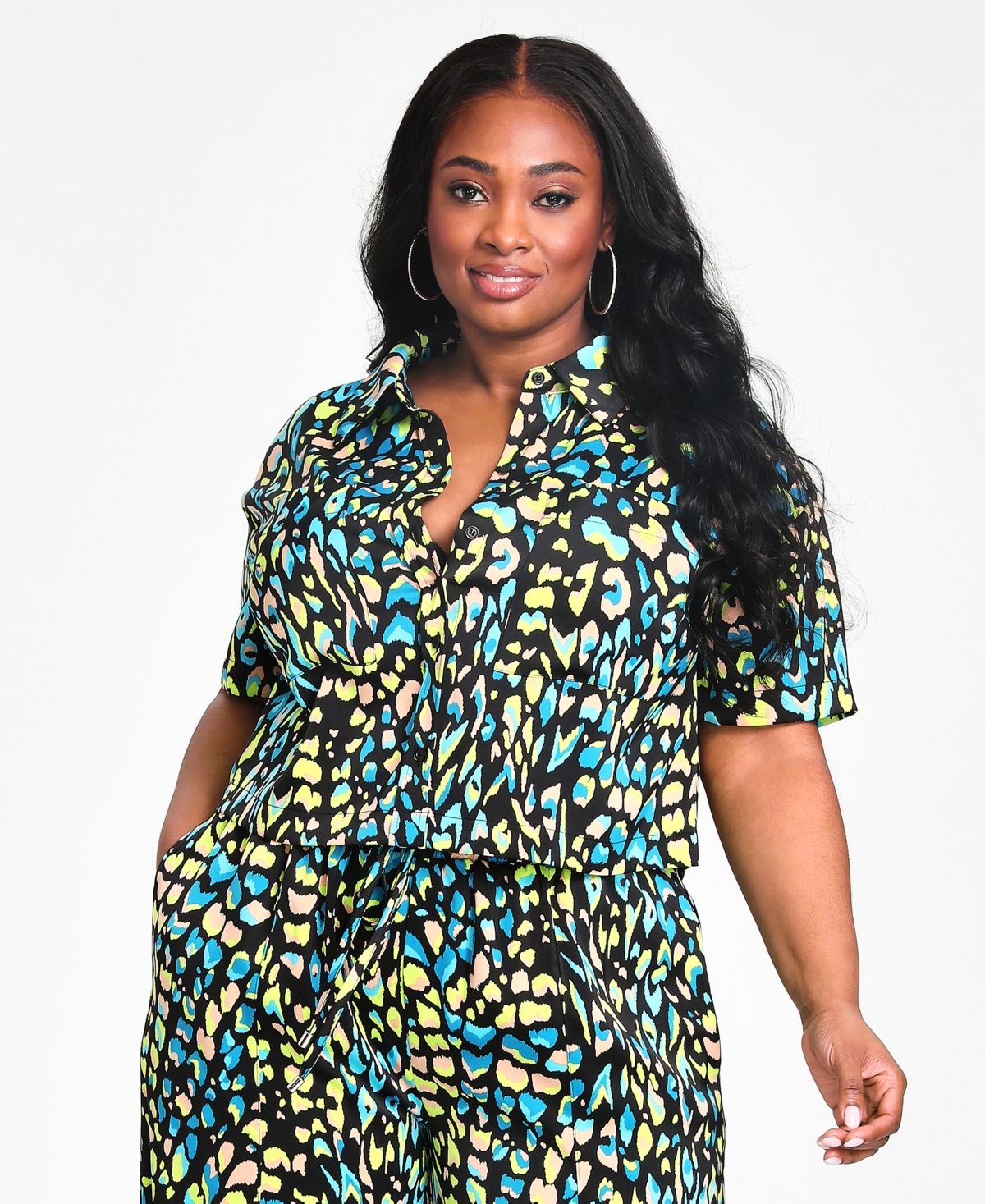 Trendy Plus Size Cropped Printed Satin Shirt - Mixed Multi Leopard
