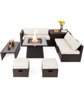 9 Pieces Patio PE Wicker Sectional Set with 50000 BTU Fire Pit Table
