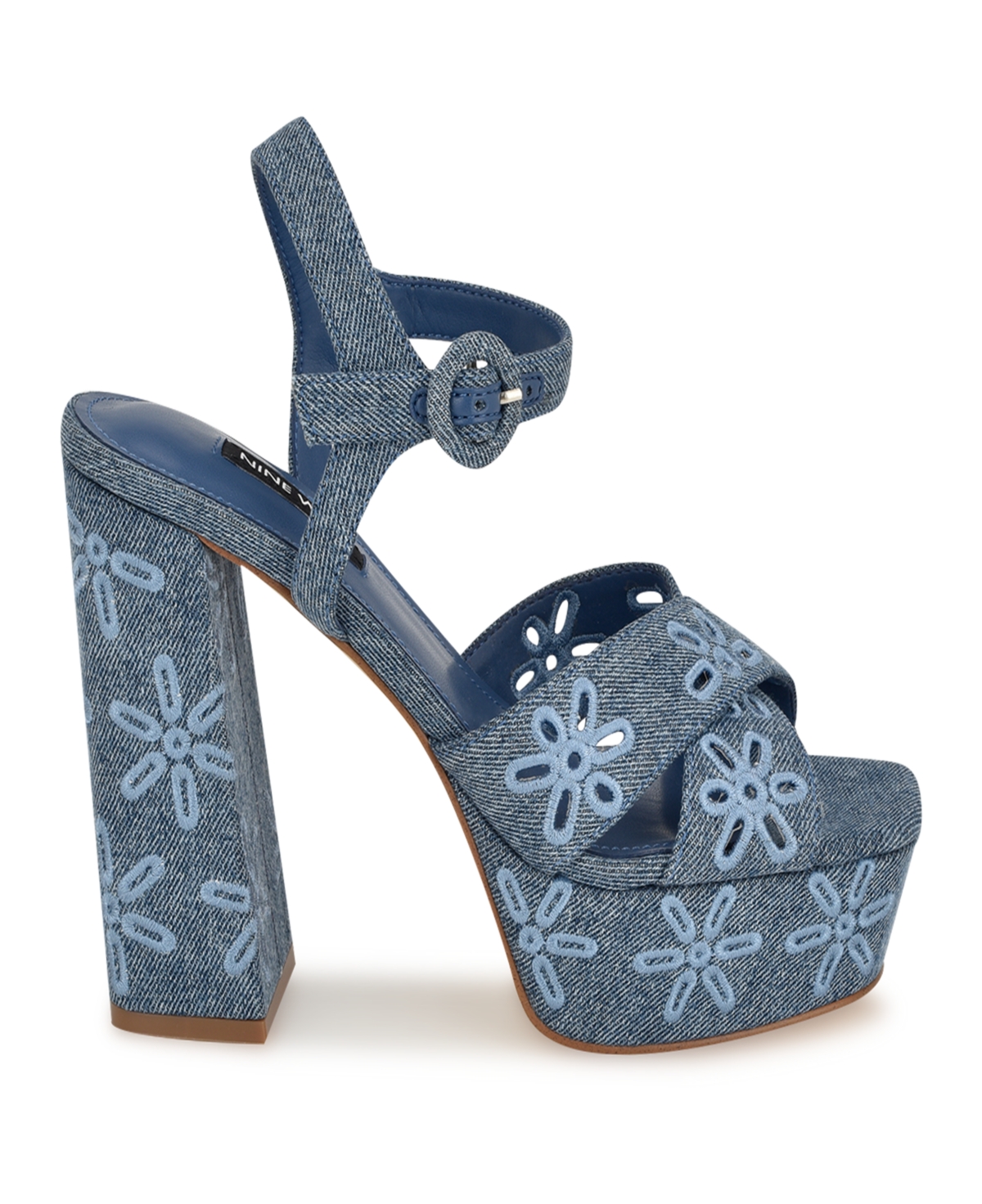 Shop Nine West Women's Vallen Block Heel Open Toe Dress Sandals In Blue Denim