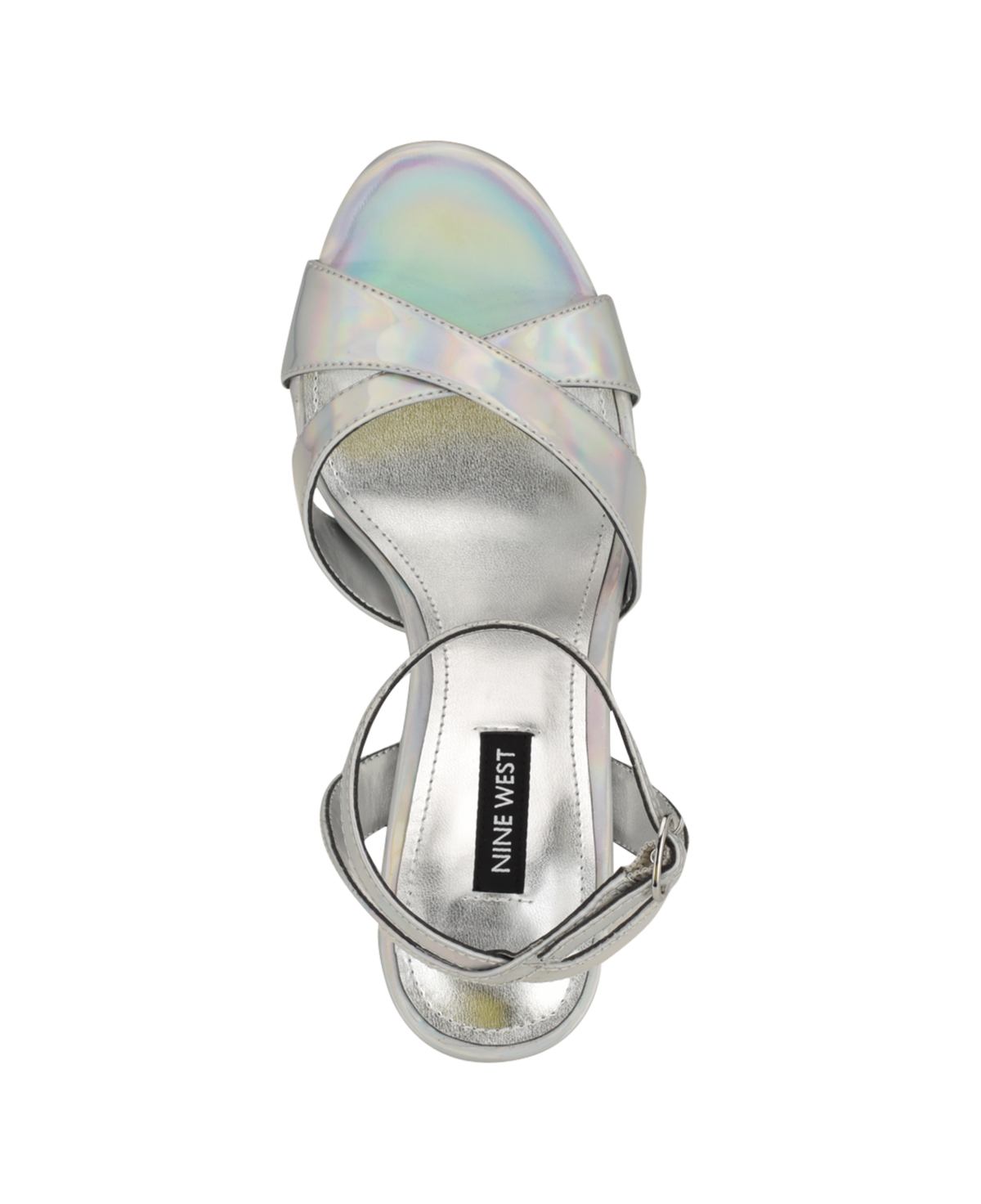 Nine West Women's Jessie Round Toe Tapered Heel Dress Sandals - Silver Iridescent Mirror Metallic- Manma