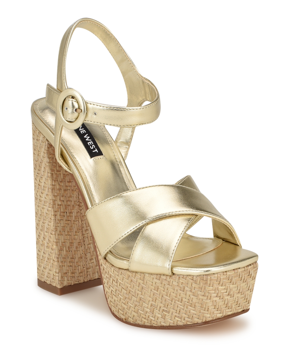 Nine West Women's Vallen Block Heel Open Toe Dress Sandals - Gold- Faux Leather- Polyurethane