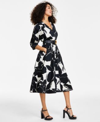Women's Printed Faux-Leather Belt Midi Shirtdress