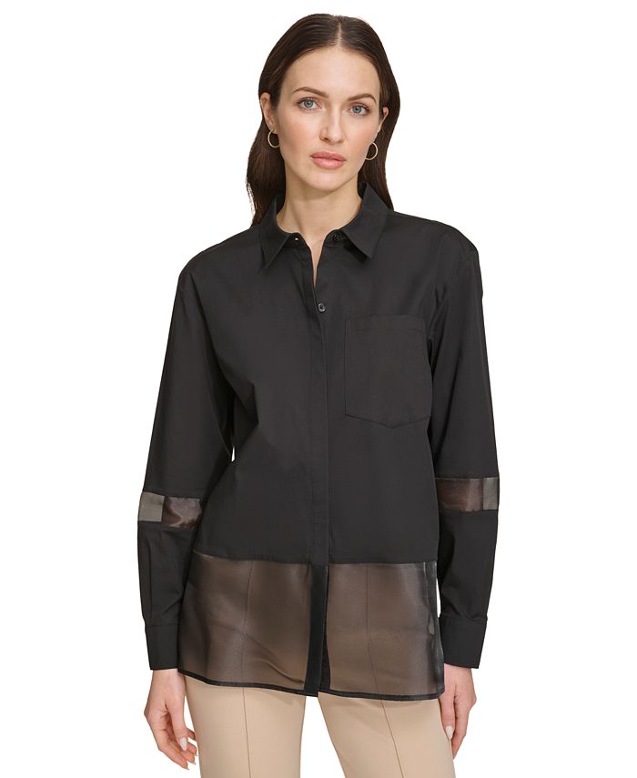 DKNY Women's Mixed Media Button-Front Shirt - Macy's