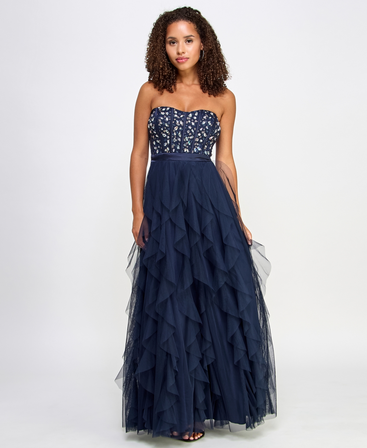 Juniors' Embellished Ruffled Strapless Gown - Navy