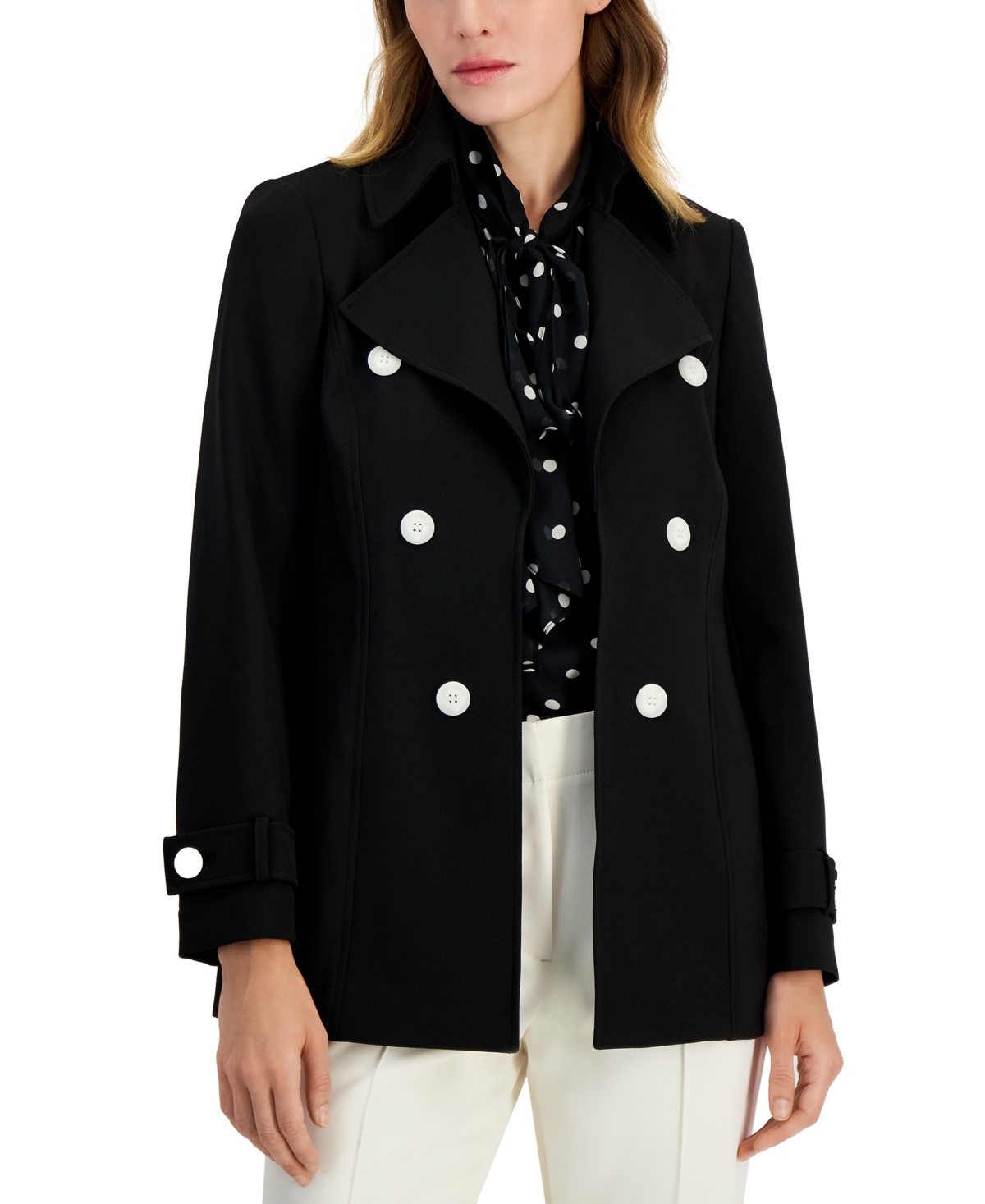 Shop Anne Klein Women's Faux Double-breasted Trench Coat, Created For Macy's In Anne Black