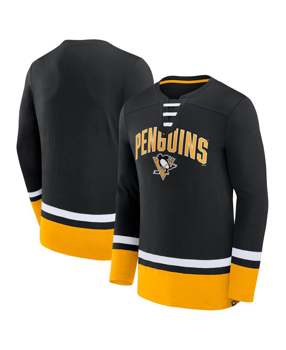 Shop Fanatics Men's  Black Pittsburgh Penguins Back Pass Lace-up Long Sleeve T-shirt