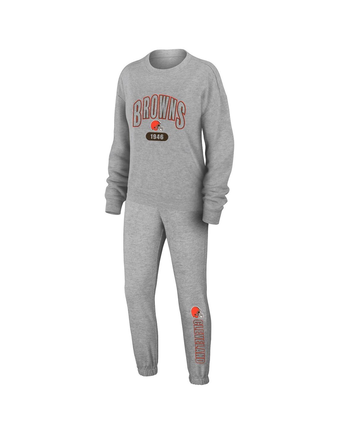 Women's Wear by Erin Andrews Heather Gray Cleveland Browns Knit Long Sleeve Tri-Blend T-shirt and Pants Sleep Set - Heather Gray