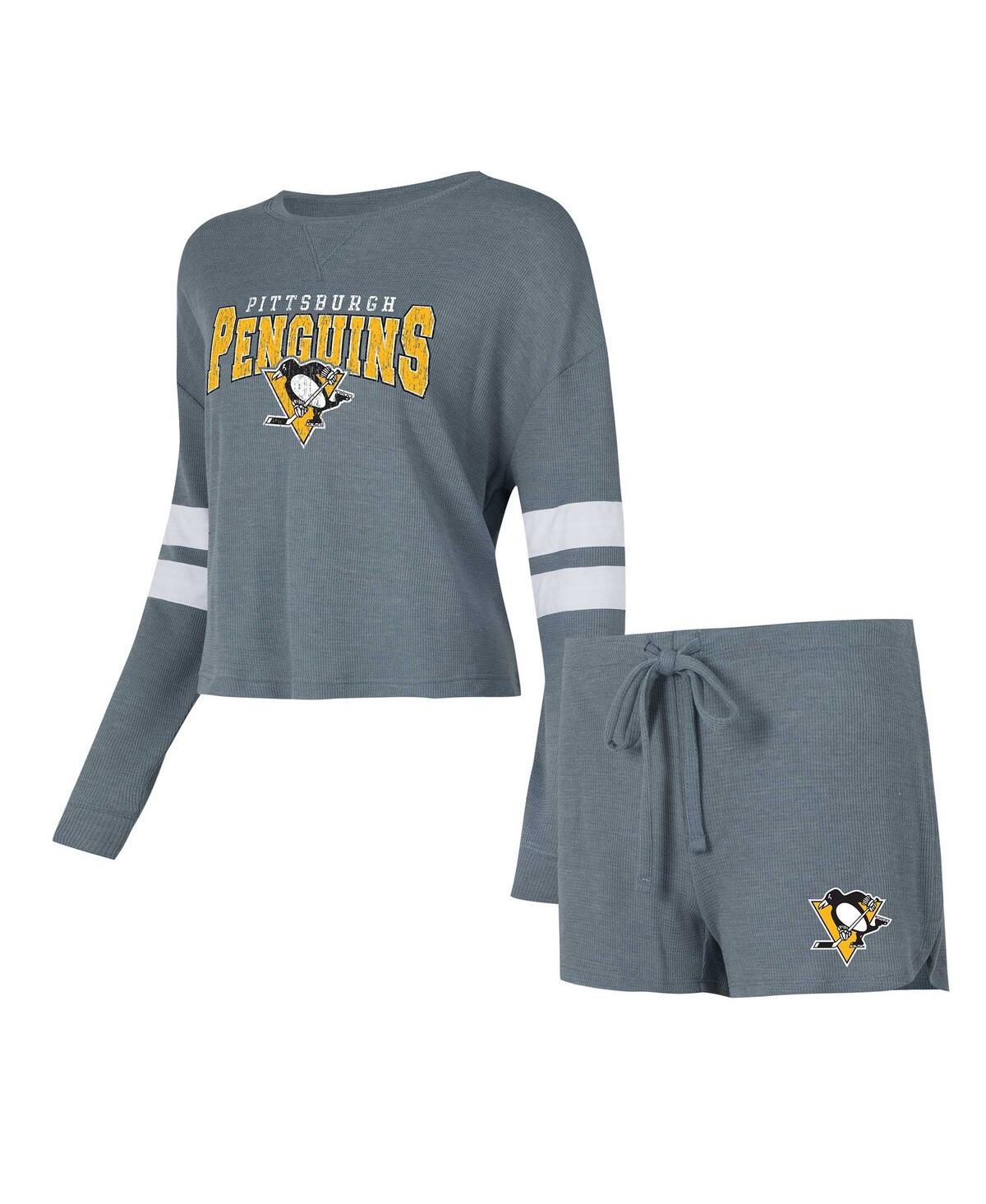 Shop Concepts Sport Women's  Gray Distressed Pittsburgh Penguins Meadowâ Long Sleeve T-shirt And Shorts Sl