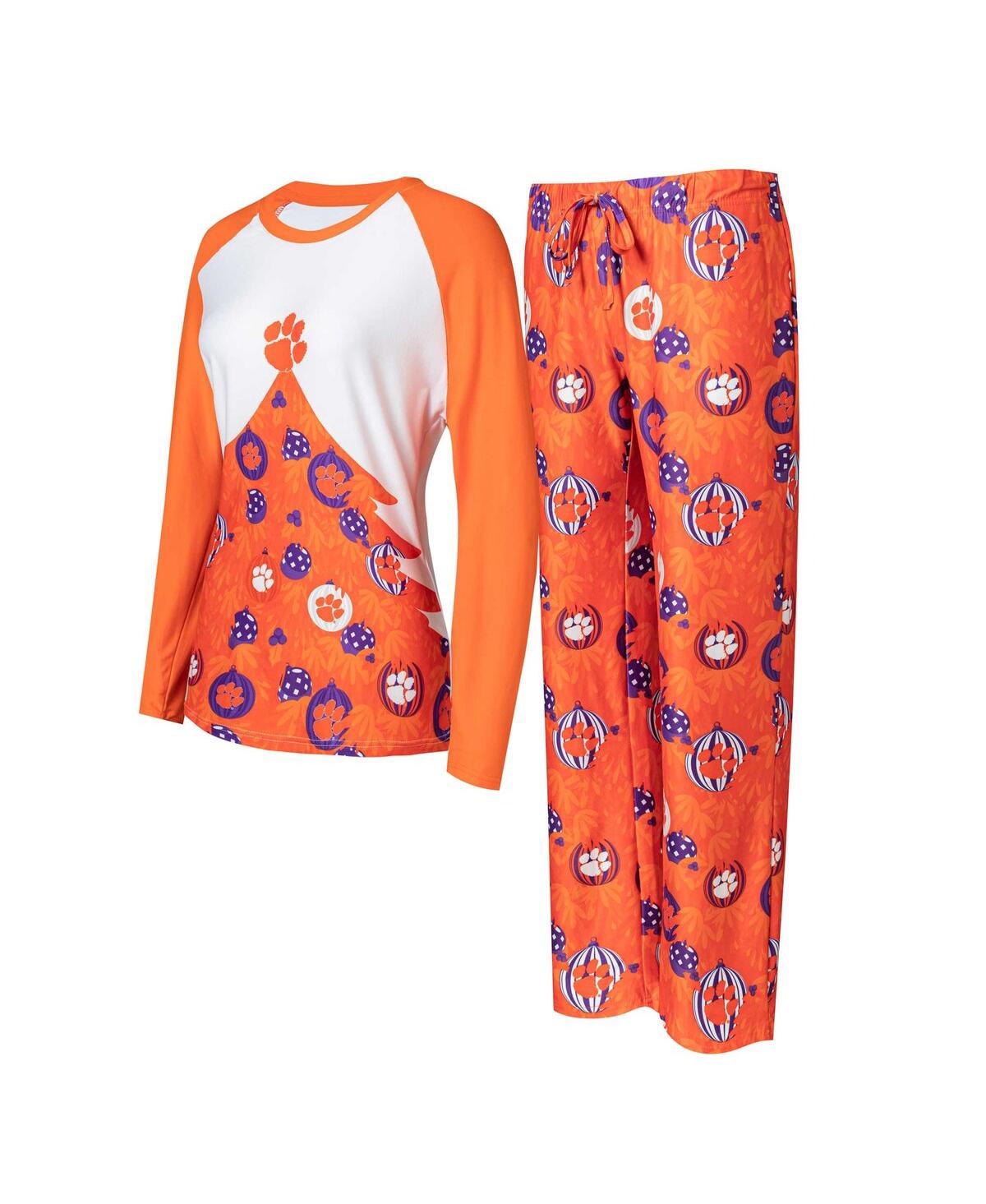 Women's Concepts Sport Orange Clemson Tigers Tinsel Ugly Sweater Long Sleeve T-shirt and Pants Sleep Set - Orange