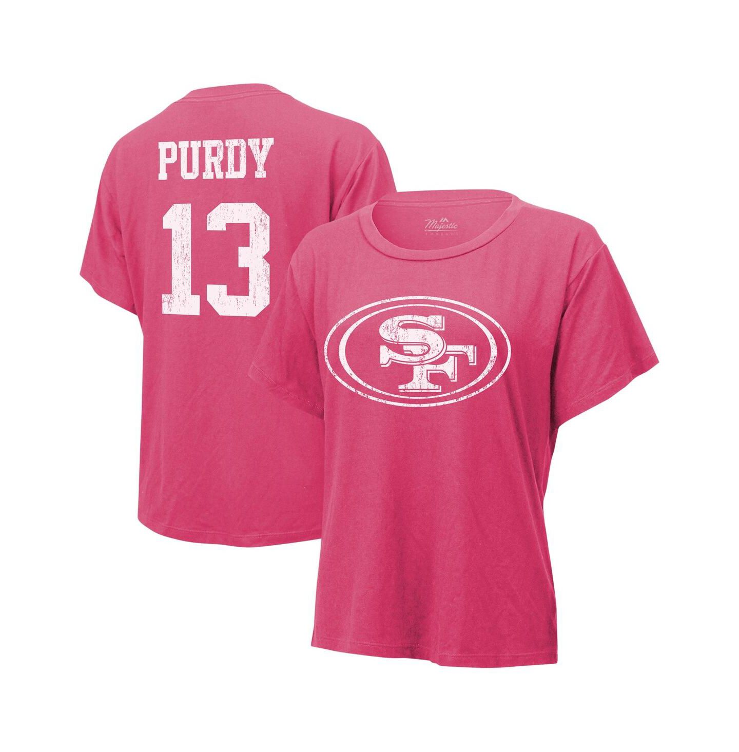 Женская футболка Majestic Threads Brock Purdy Pink Distressed San Francisco 49ers Name and Number — фото 1