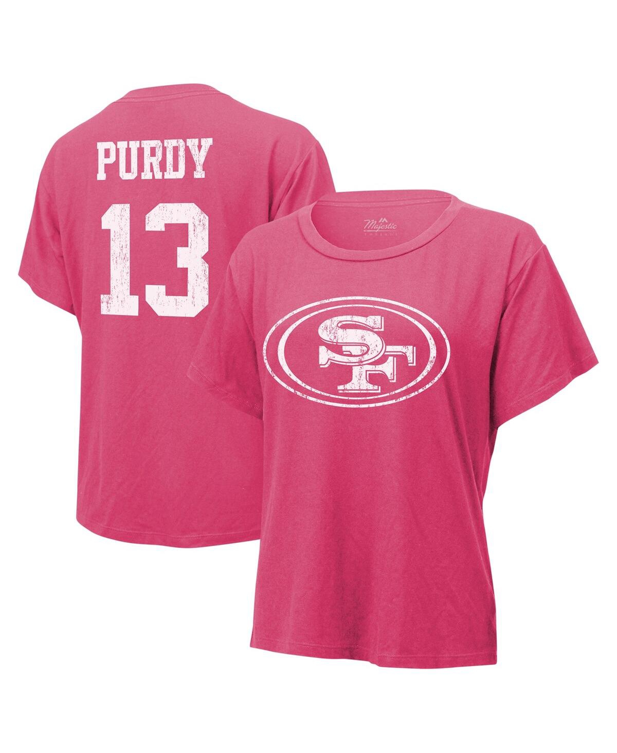 Women's Majestic Threads Brock Purdy Pink Distressed San Francisco 49ers Name and Number T-shirt - Pink