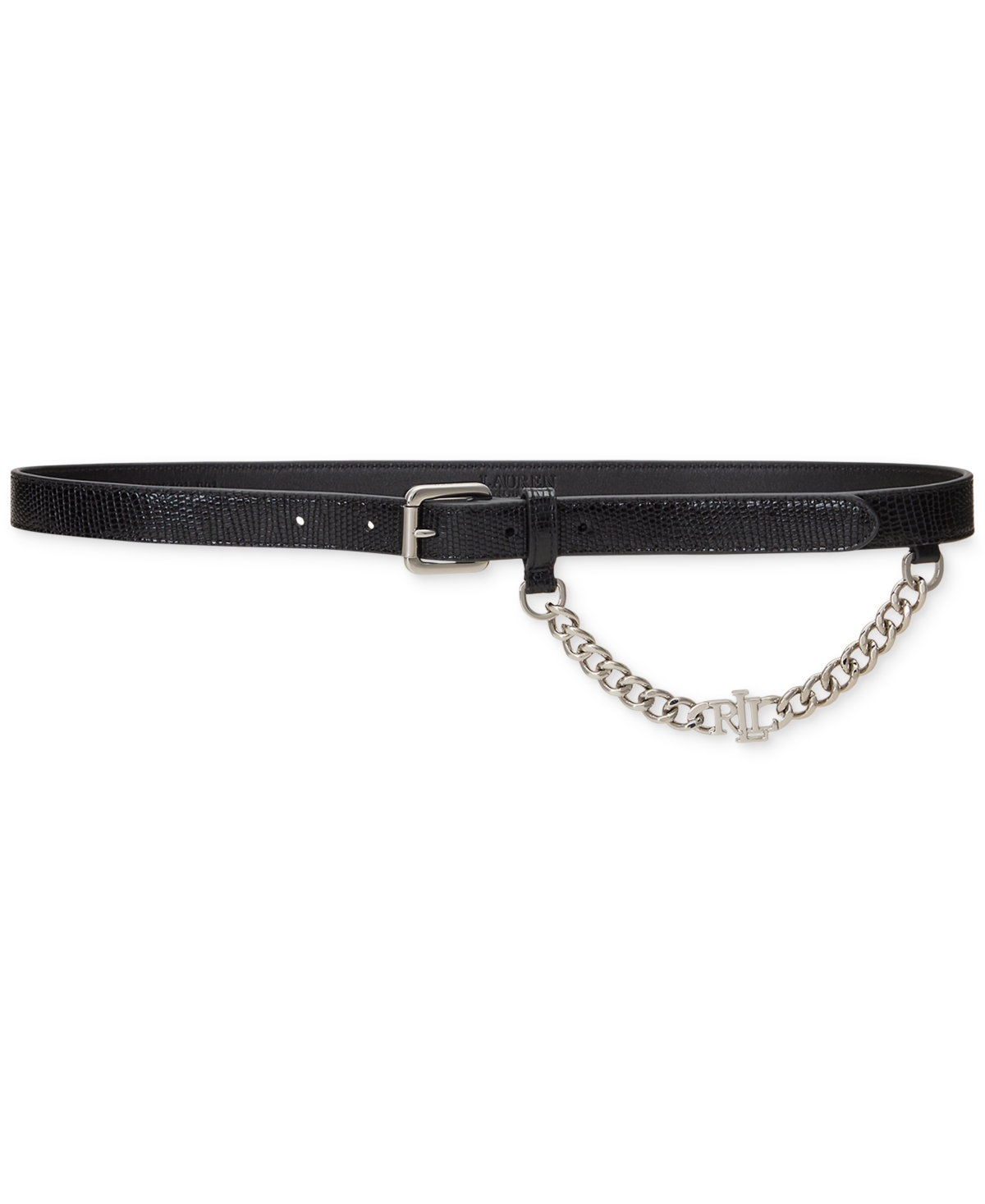 Lauren Ralph Lauren Women's Logo-chain Lizard-embossed Skinny Belt In Black