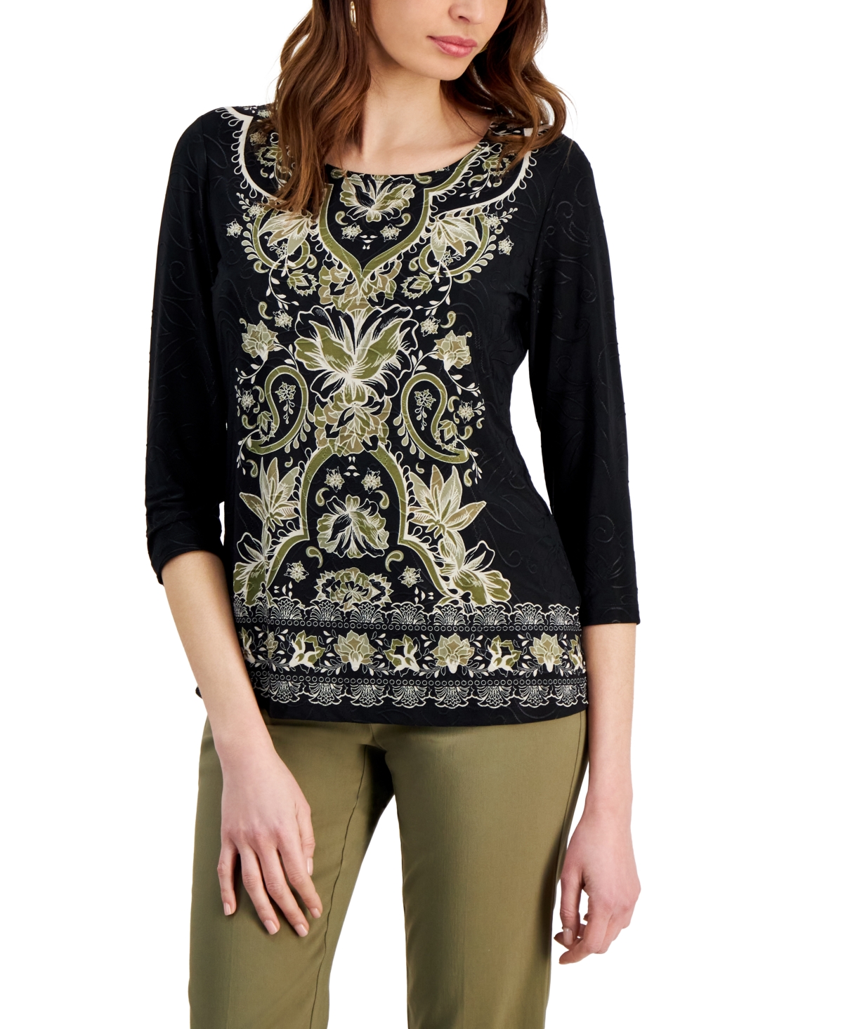 Shop Jm Collection Women's Printed Jacquard Top, Created For Macy's In Deep Black Combo