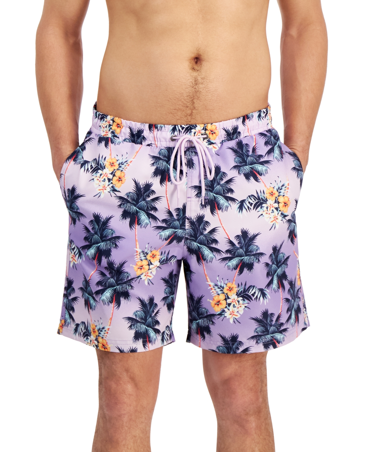 Club Room Men's Donan Palm-print Quick-dry 7" Swim Trunks, Created For Macy's In Lavender Bouque