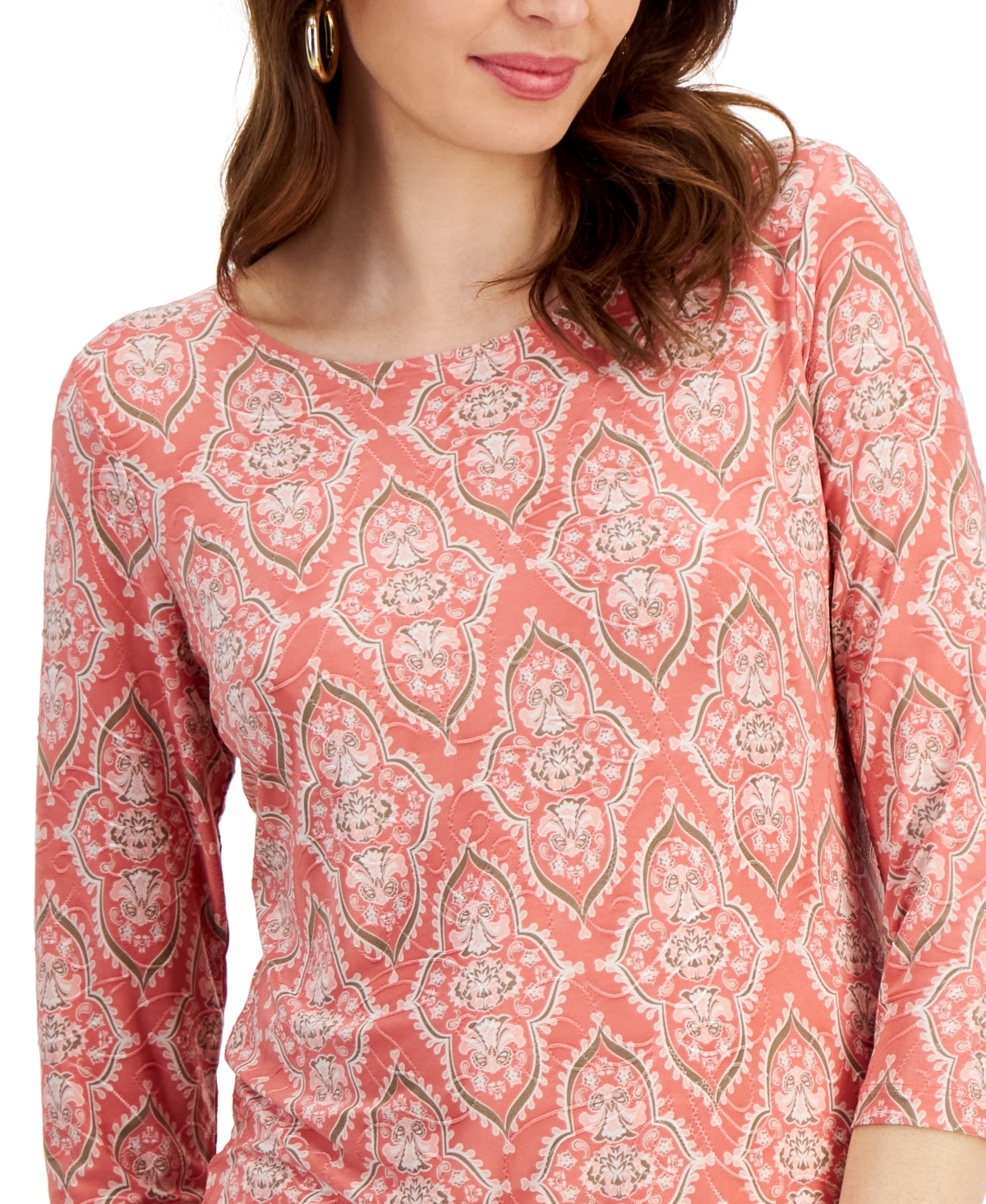 Shop Jm Collection Women's Scoop Neck 3/4 Sleeve Printed Jacquard Top, Created For Macy's In Burnt Brick Combo