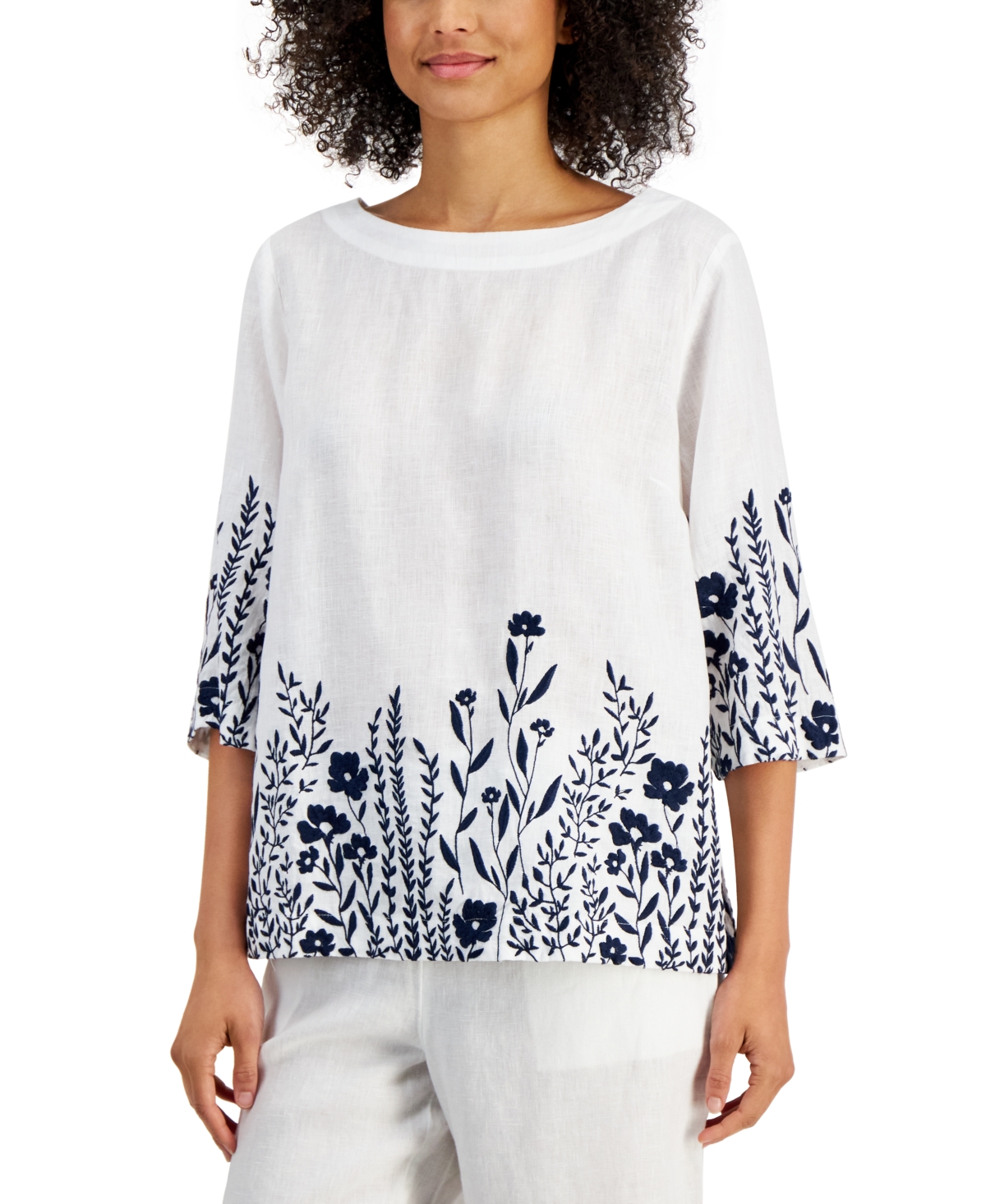Women's 100% Linen Embroidered 3/4-Sleeve Top, Created for Macy's - Bright White Combo