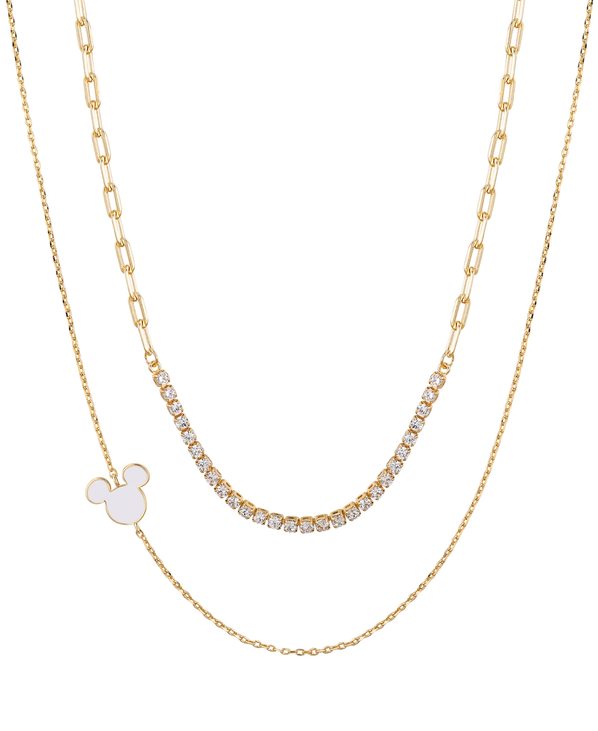 Disney Cubic Zirconia White Enamel Mickey Mouse Layered Necklace Set In Gold