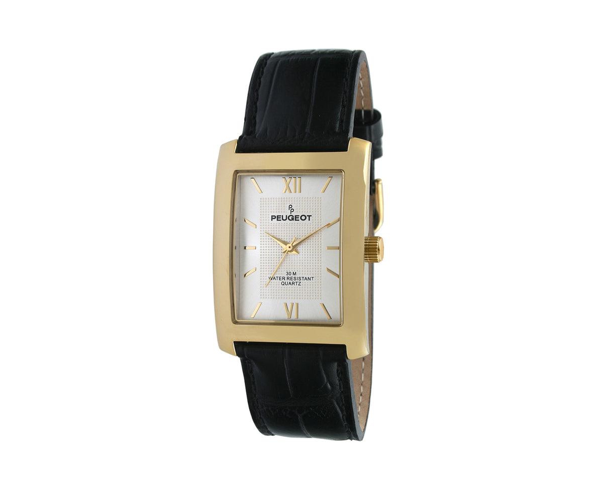 Men's 30X40mm Gold Tank Shape Watch with Black Leather Strap - Black
