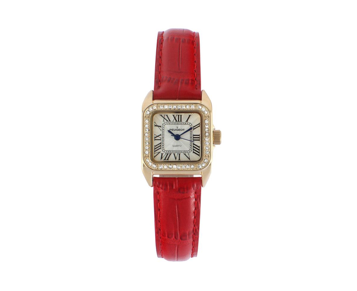 Women's 34x24mm Tank Watch with Crystal Bezel Red Leather Strap - Red