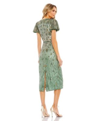 Women's Embellished Faux Wrap Flutter Sleeve Dress