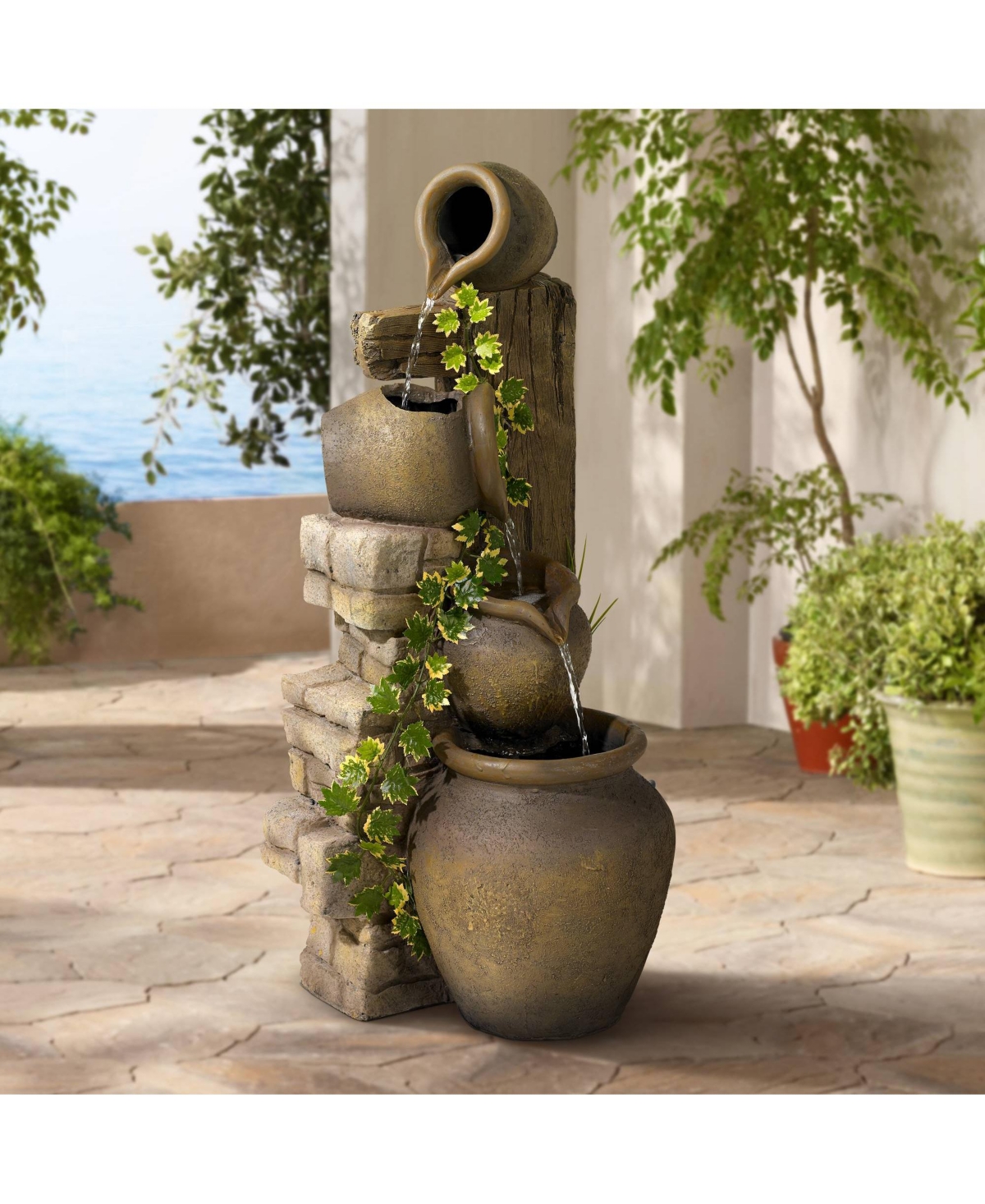 Cascading Rustic Outdoor Floor Three Jugs Fountain and Waterfalls 33" High Decor for Garden Patio Backyard Deck Home Lawn Porch House Living Room Rela