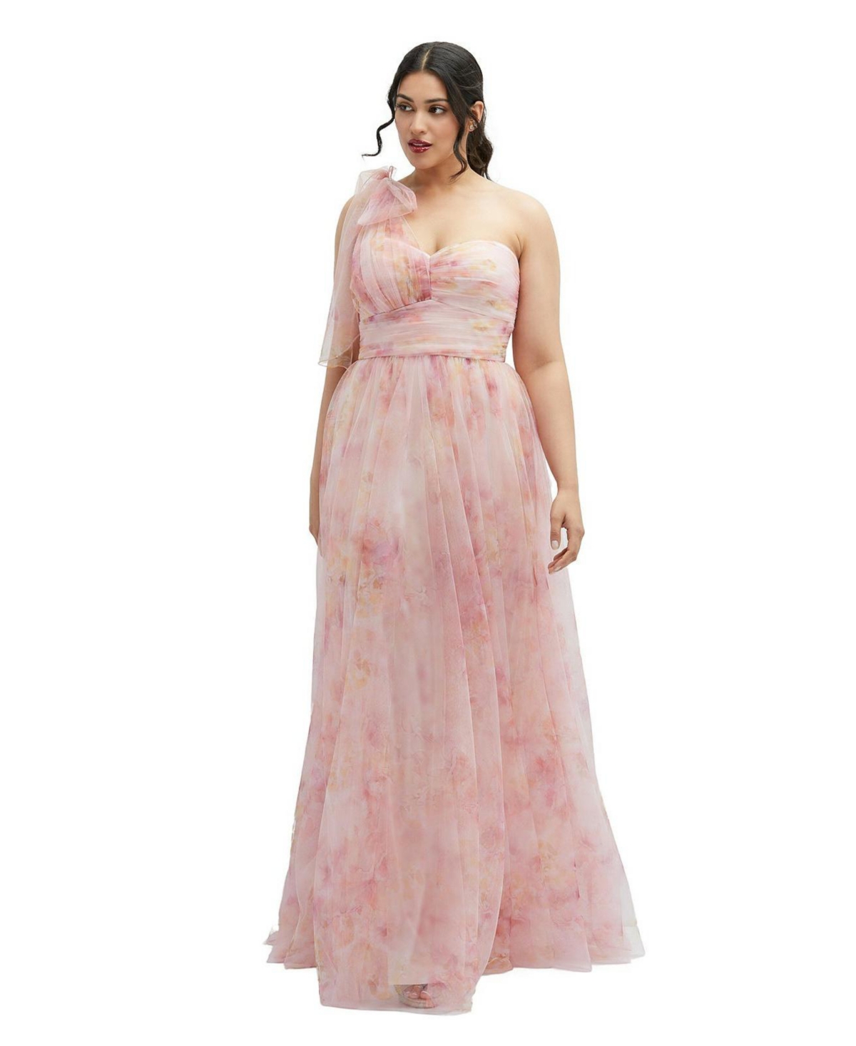 Floral Scarf Tie One-Shoulder Tulle Dress with Long Full Skirt - Rose garden