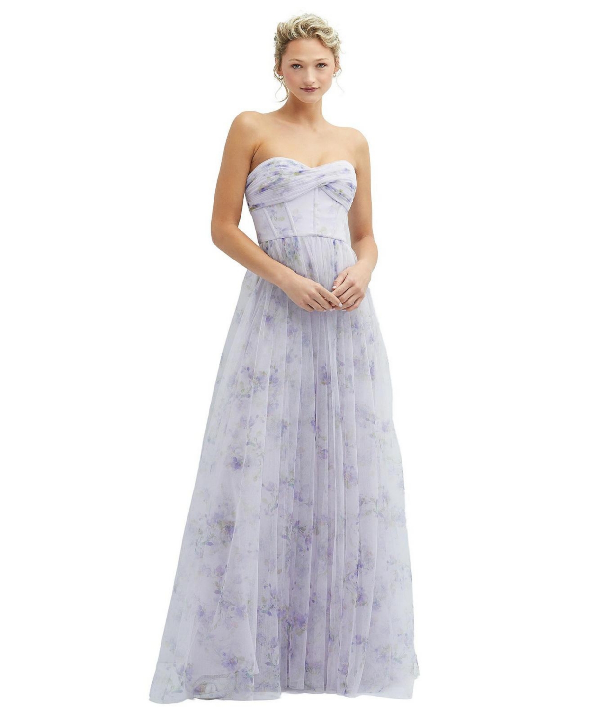 Floral Strapless Twist Cup Corset Tulle Dress with Long Full Skirt - Lilac haze garden
