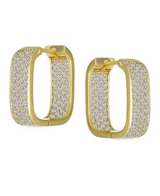 Micro Pave CZ Inside Out Wide Rectangle Square Huggie Hoop Earrings Prom Formal Party Yellow Gold Plated Hinge Style