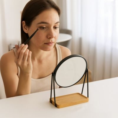 Dual Sided Mirror With Bamboo Tray