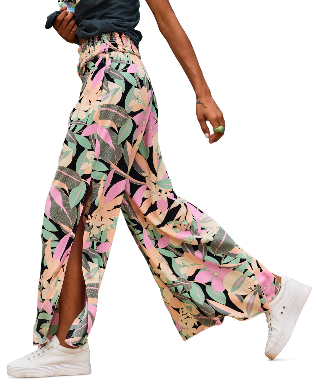 Shop Roxy Juniors' Tropical Rhythm Split Hem Pull-on Pants In Anthracite Palm Song