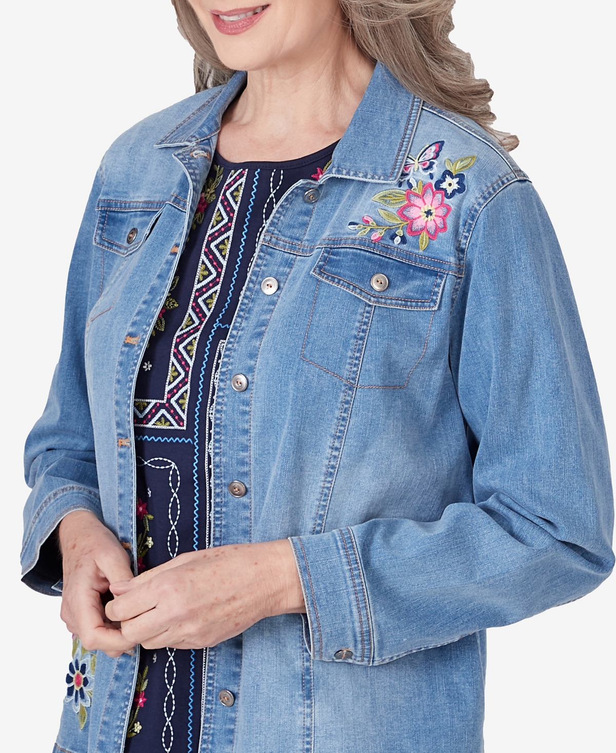 Shop Alfred Dunner Women's In Full Bloom Butterfly Embroidered Denim Shirt Jacket In Light Denim