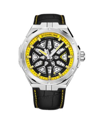 Stuhrling Mens Automatic Watch Alligator Embossed Genuine Leather Strap with Decorative Stitching - Yellow 233$