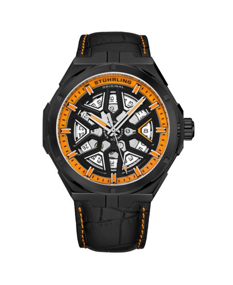Мужские часы Stuhrling Gio 379 41mm Swiss Automatic Skeleton, Unique Dial Design, Leather Strap, Exhibition Caseback, цвет: Оранжевый