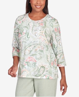 Alfred Dunner Women's English Garden Paisley Lace Paneled Crew Neck Top 