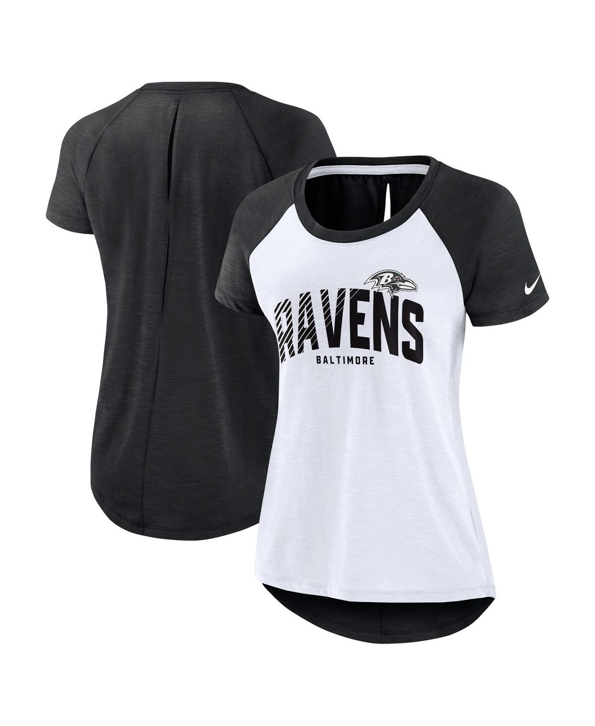 Shop Nike Women's  White, Heather Scarlet Baltimore Ravens Back Slit Lightweight Fashion T-shirt In White,heather Scarlet