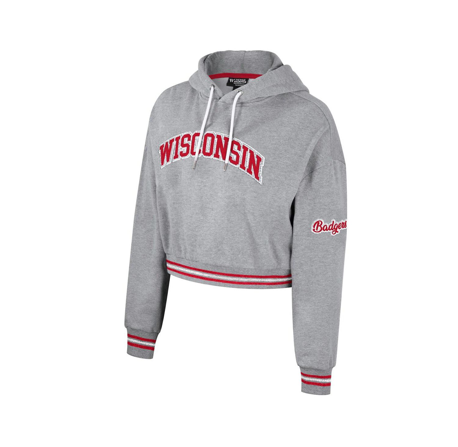 Women's Heather Gray Distressed Wisconsin Badgers Cropped Shimmer Pullover Hoodie