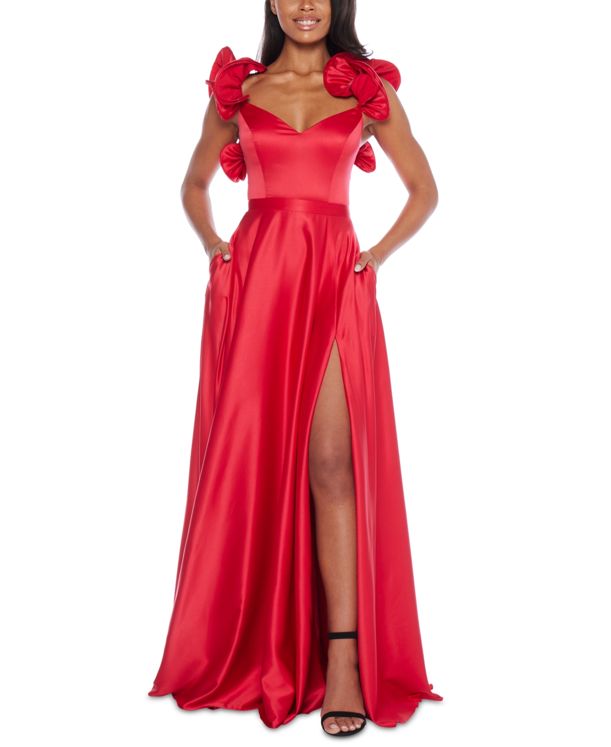 Shop B Darlin Juniors' V-neck Ruffled Lace-up Gown In Red