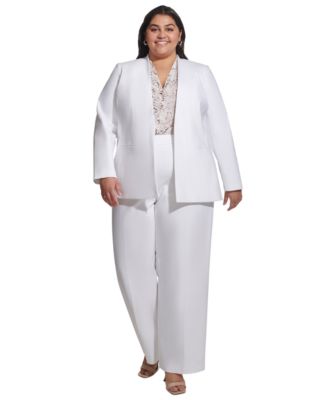 Shop Calvin Klein Plus Size Collarless Open Front Long Sleeve Jacket Mid Rise Belted Wide Leg Pants In White