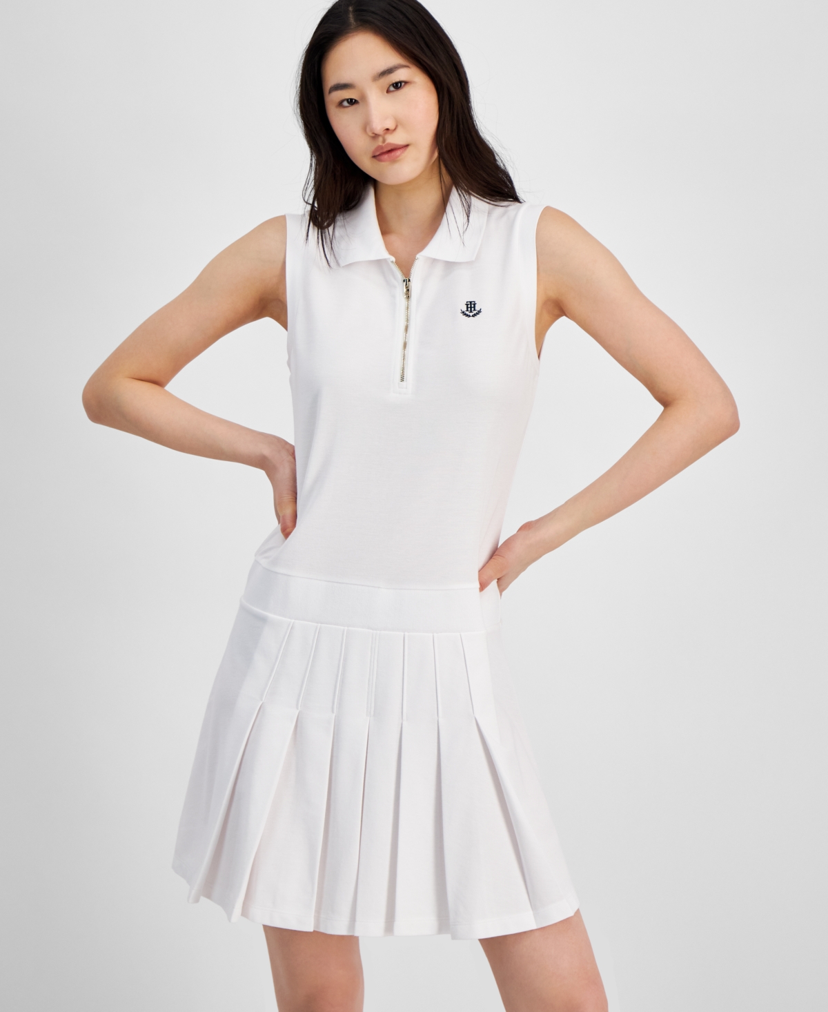 Tommy Hilfiger Women's Collared Pleated Sleeveless A-line Dress In White