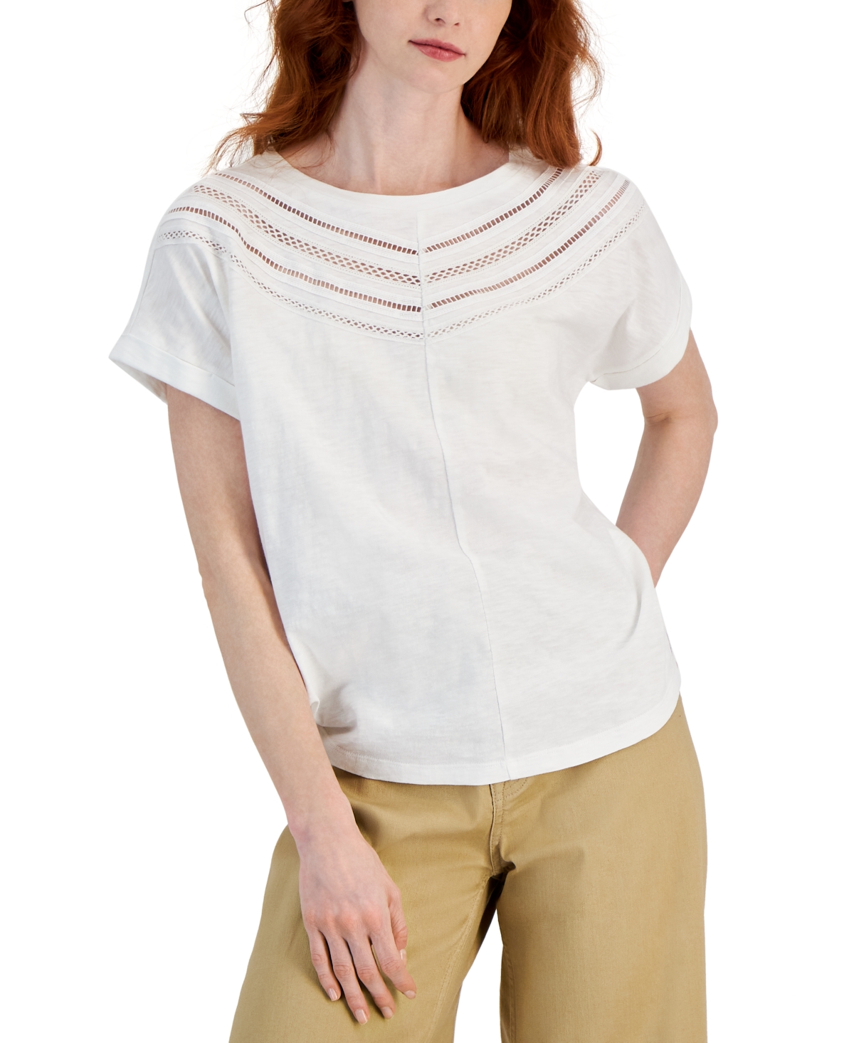 Nautica Jeans Women's Cotton Open-lace-trim Short-sleeve Top In Bright White