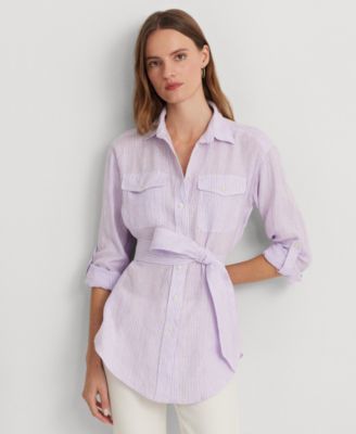 로렌 랄프로렌 Lauren Ralph Lauren Womens Striped Belted Utility Shirt,Wild Lavender/white