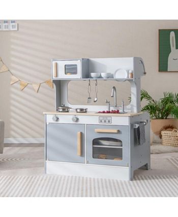 Double Sided Kids Pretend Kitchen Playset with 2-Seat Cafe - Gray