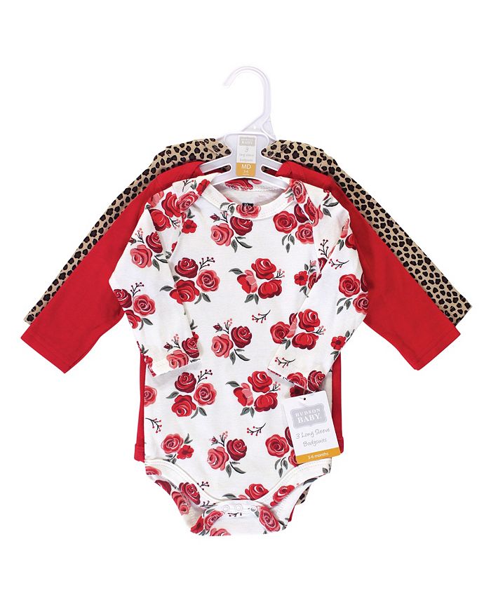 Hudson Baby Baby Girls Cotton LongSleeve Bodysuits 3pk, Basic Rose