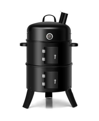 3-in-1 Portable Round Charcoal Smoker BBQ Grill Built-in Thermometer